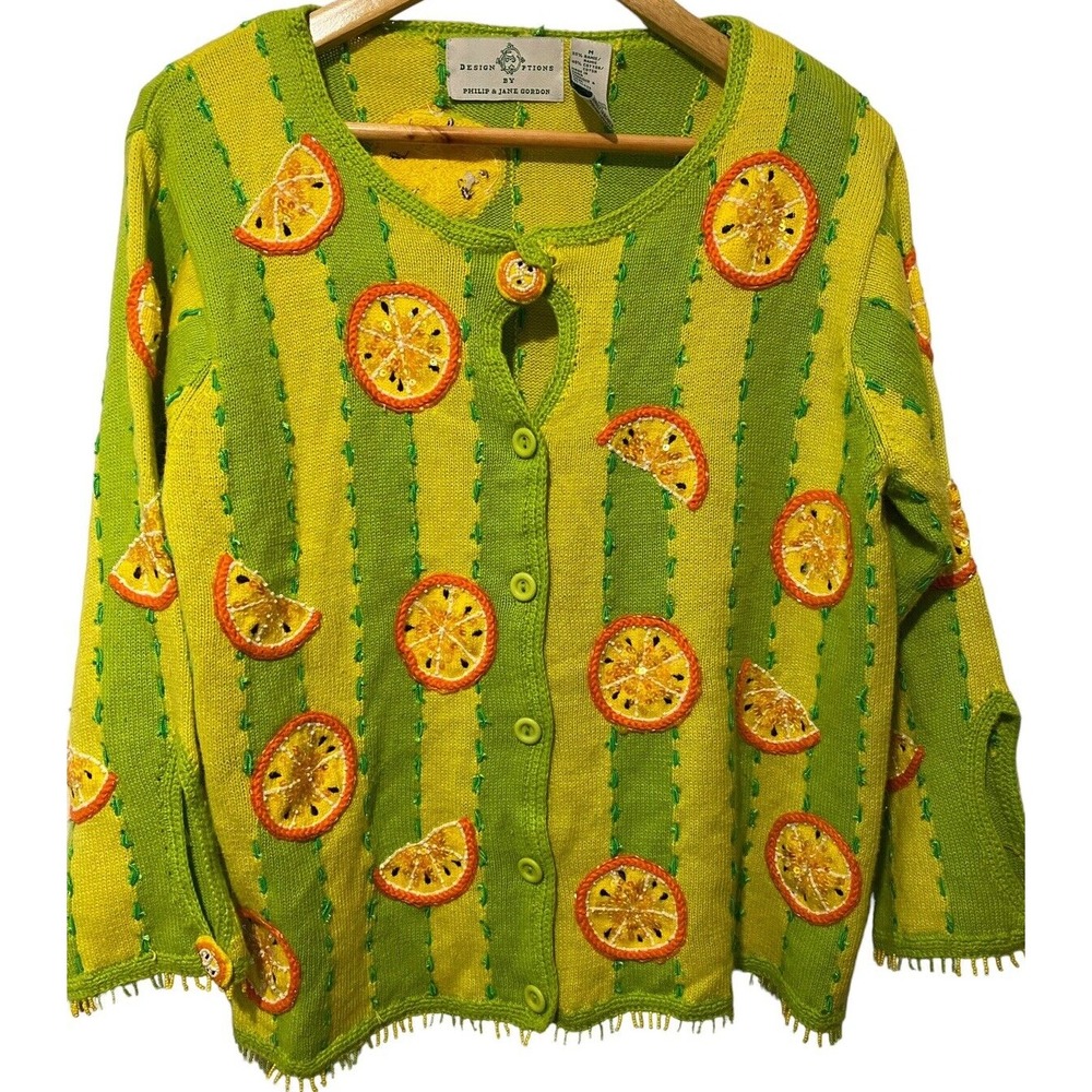 Design Options Phillip Jane M Citrus Fruit Beaded Sequin Cardigan Sweater Ramie